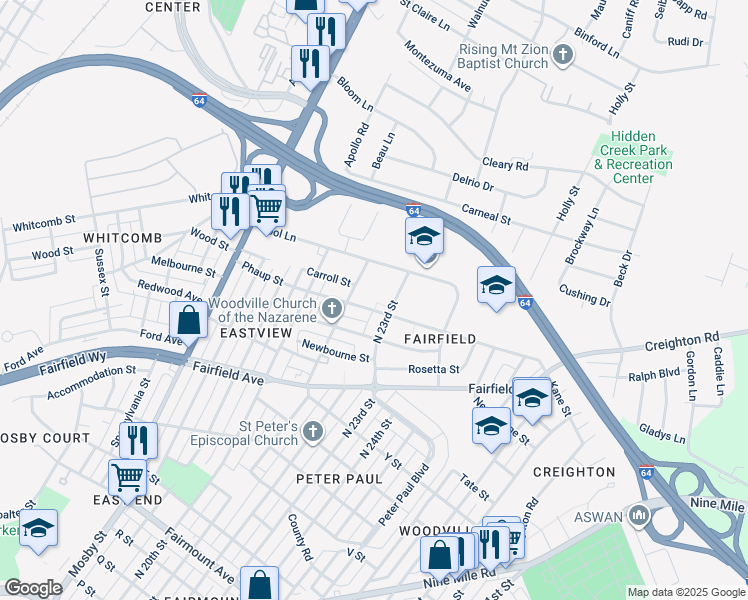 map of restaurants, bars, coffee shops, grocery stores, and more near 2220 Fairfield Avenue in Richmond
