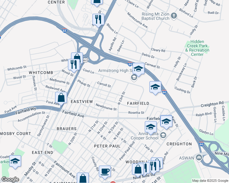 map of restaurants, bars, coffee shops, grocery stores, and more near 2101 Phaup Street in Richmond