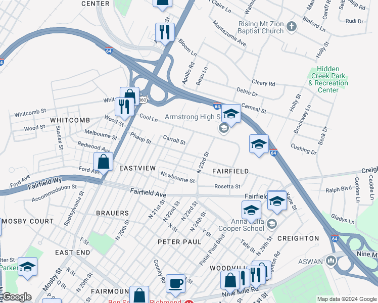 map of restaurants, bars, coffee shops, grocery stores, and more near 2101 Phaup Street in Richmond