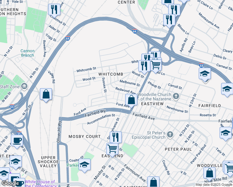 map of restaurants, bars, coffee shops, grocery stores, and more near 1612 Bryan Street in Richmond