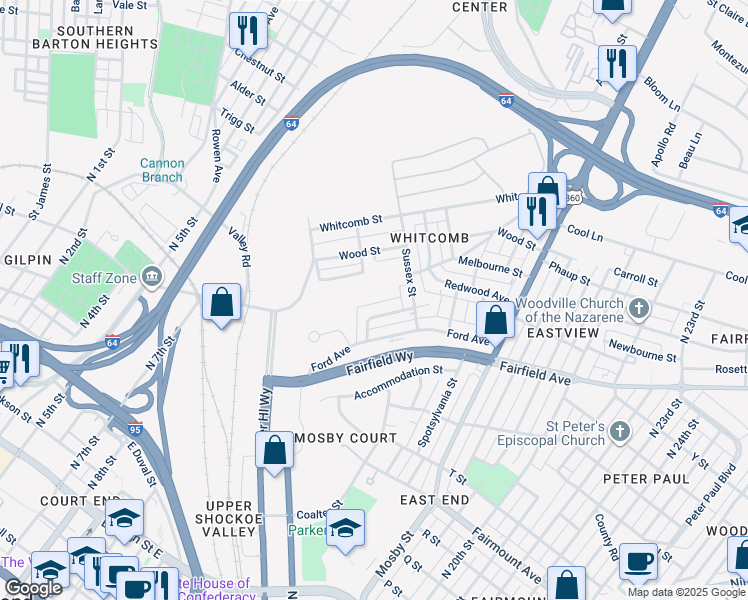 map of restaurants, bars, coffee shops, grocery stores, and more near 1938 Eastview Lane in Richmond
