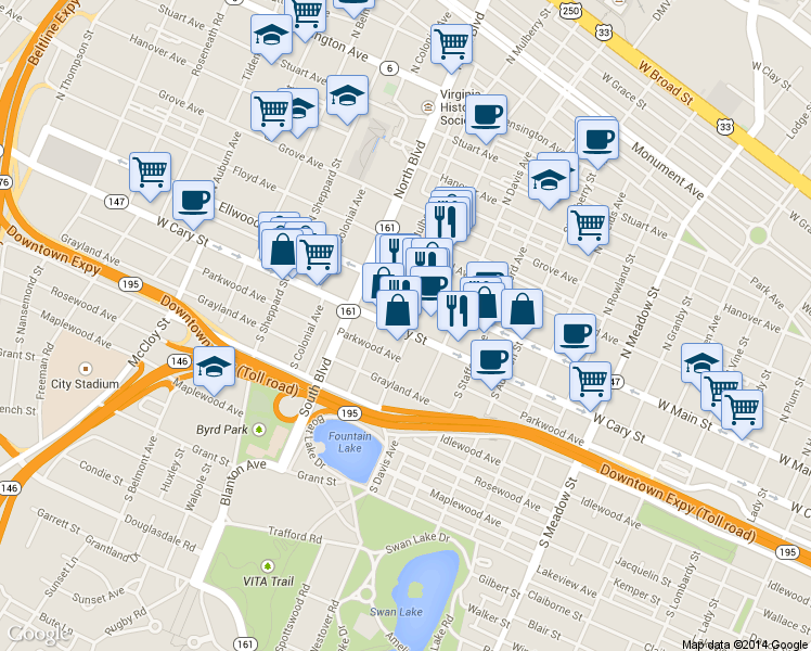 map of restaurants, bars, coffee shops, grocery stores, and more near 2512 West Cary Street in Richmond
