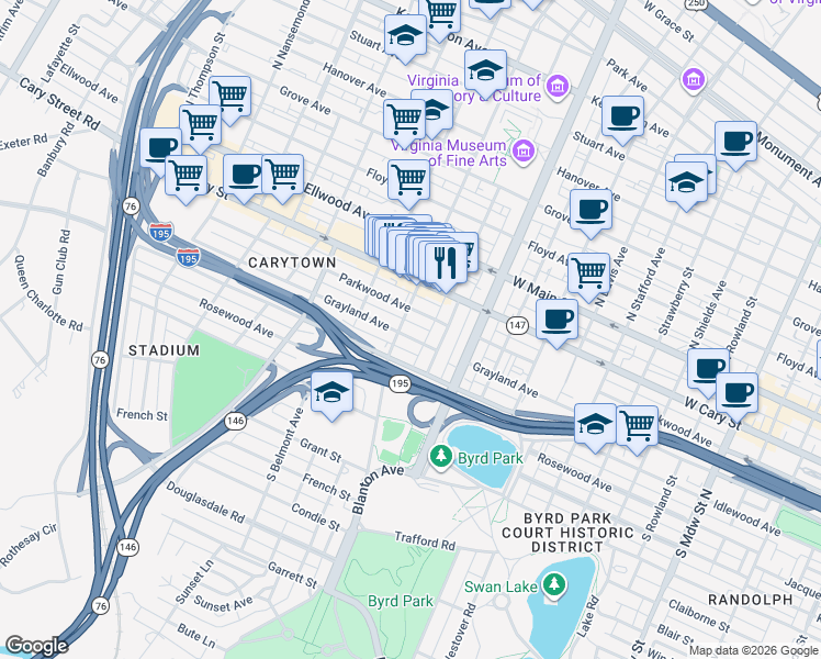 map of restaurants, bars, coffee shops, grocery stores, and more near 2928 Grayland Avenue in Richmond