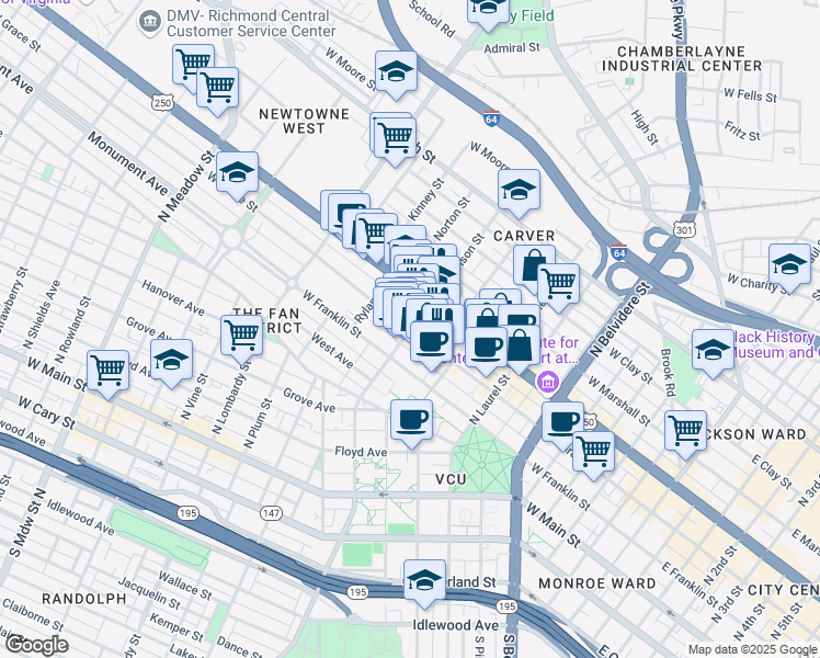 map of restaurants, bars, coffee shops, grocery stores, and more near 501 North Harrison Street in Richmond