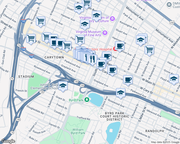 map of restaurants, bars, coffee shops, grocery stores, and more near 123 South Colonial Avenue in Richmond