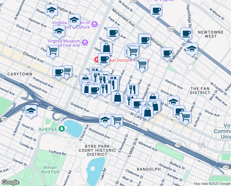 map of restaurants, bars, coffee shops, grocery stores, and more near 1 North Stafford Avenue in Richmond
