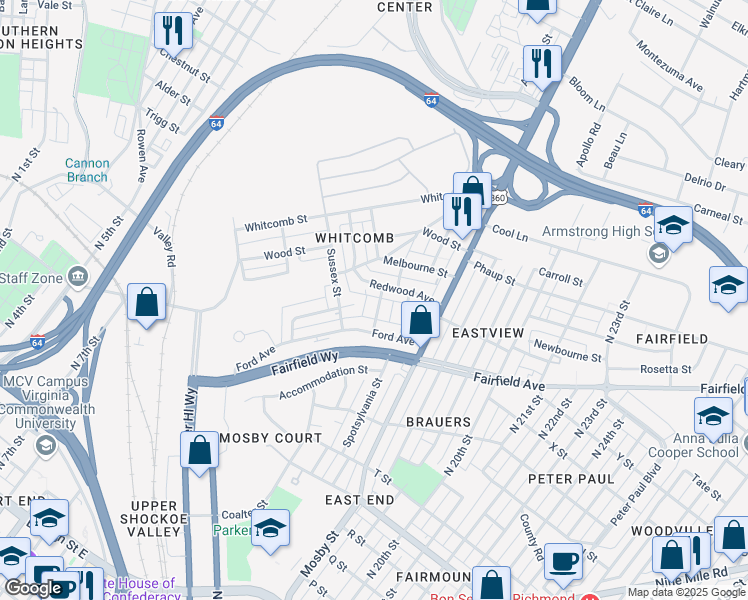 map of restaurants, bars, coffee shops, grocery stores, and more near 1612 Bryan Street in Richmond