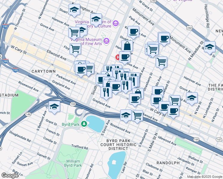 map of restaurants, bars, coffee shops, grocery stores, and more near 18 South Robinson Street in Richmond