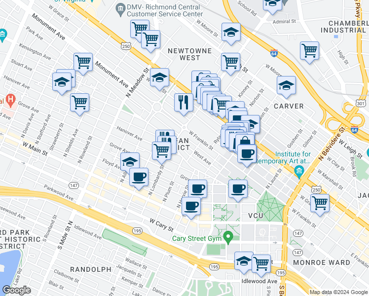 map of restaurants, bars, coffee shops, grocery stores, and more near 1517 West Avenue in Richmond