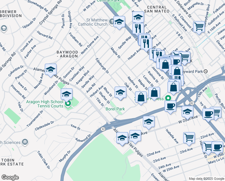 map of restaurants, bars, coffee shops, grocery stores, and more near 1238 Quince Street in San Mateo