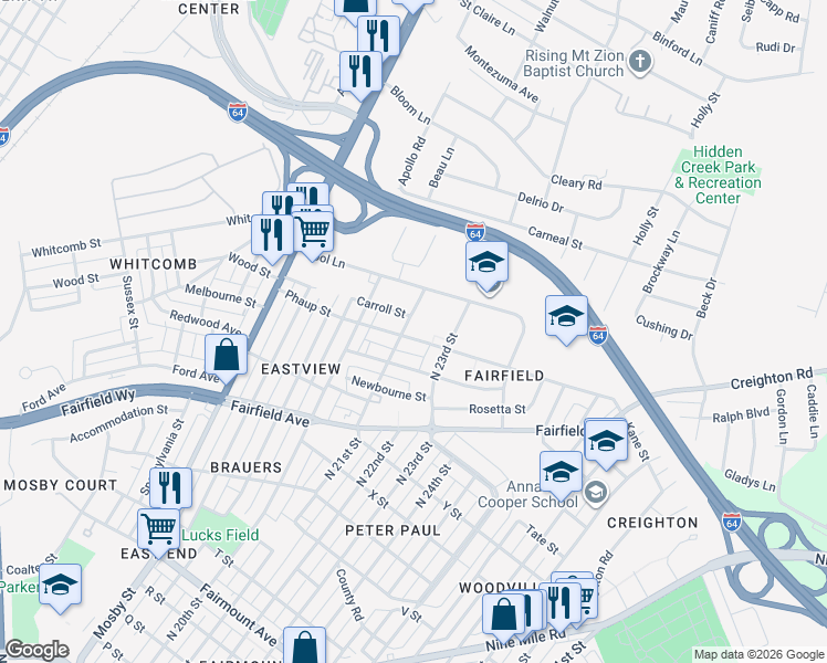 map of restaurants, bars, coffee shops, grocery stores, and more near 2101 Phaup Street in Richmond