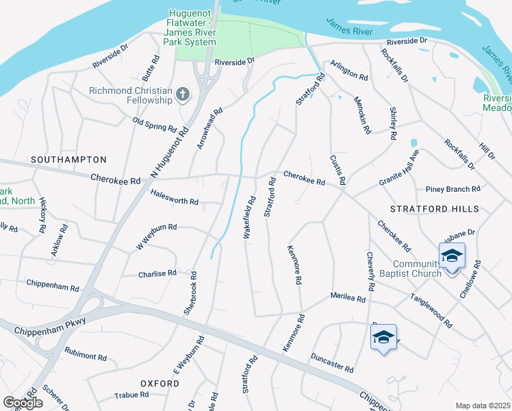 map of restaurants, bars, coffee shops, grocery stores, and more near 4035 Wakefield Road in Richmond