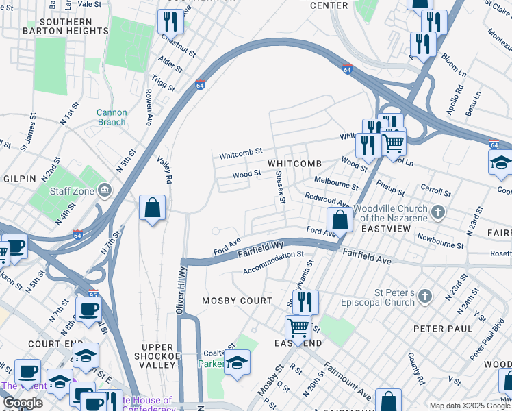 map of restaurants, bars, coffee shops, grocery stores, and more near 1938 Eastview Lane in Richmond