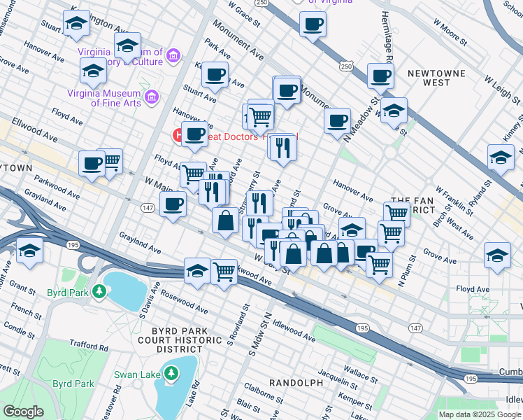 map of restaurants, bars, coffee shops, grocery stores, and more near 2203 Floyd Avenue in Richmond