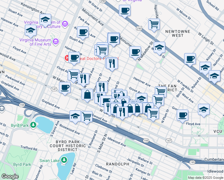 map of restaurants, bars, coffee shops, grocery stores, and more near 2106 Floyd Avenue in Richmond