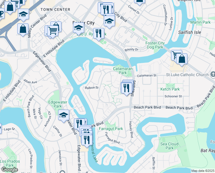 map of restaurants, bars, coffee shops, grocery stores, and more near 851 Cabot Lane in Foster City