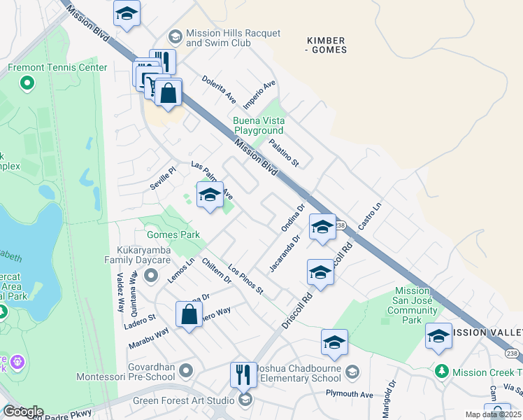 map of restaurants, bars, coffee shops, grocery stores, and more near 145 Las Palmas Court in Fremont
