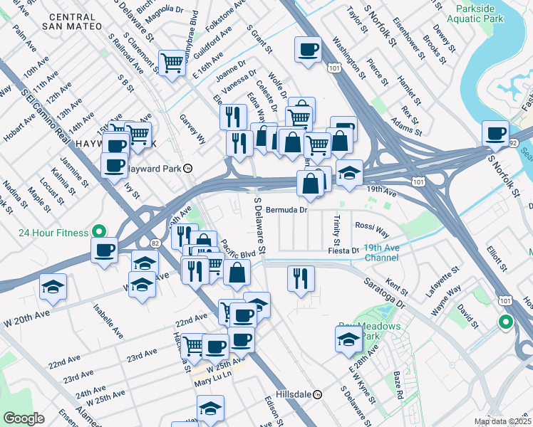 map of restaurants, bars, coffee shops, grocery stores, and more near 400 Bermuda Drive in San Mateo