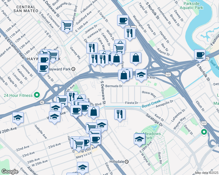 map of restaurants, bars, coffee shops, grocery stores, and more near 484 Bermuda Drive in San Mateo