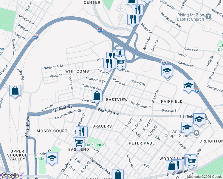 map of restaurants, bars, coffee shops, grocery stores, and more near 1714 Rogers Street in Richmond