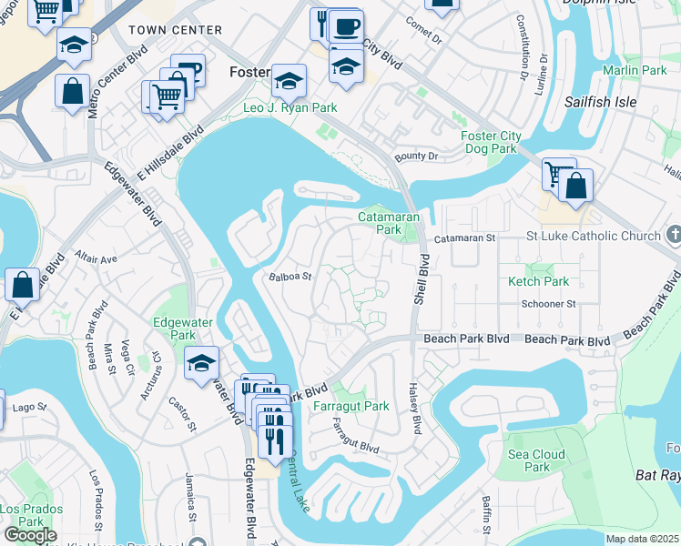 map of restaurants, bars, coffee shops, grocery stores, and more near 851 Cabot Lane in Foster City