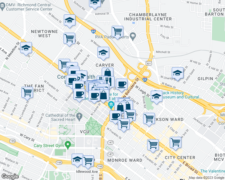 map of restaurants, bars, coffee shops, grocery stores, and more near 406 Gilmer Street in Richmond
