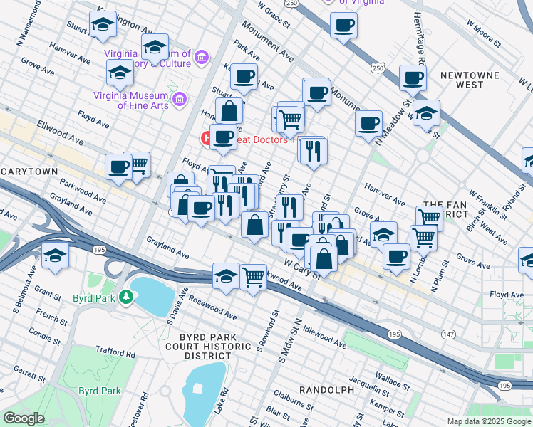 map of restaurants, bars, coffee shops, grocery stores, and more near 2 Strawberry Street in Richmond