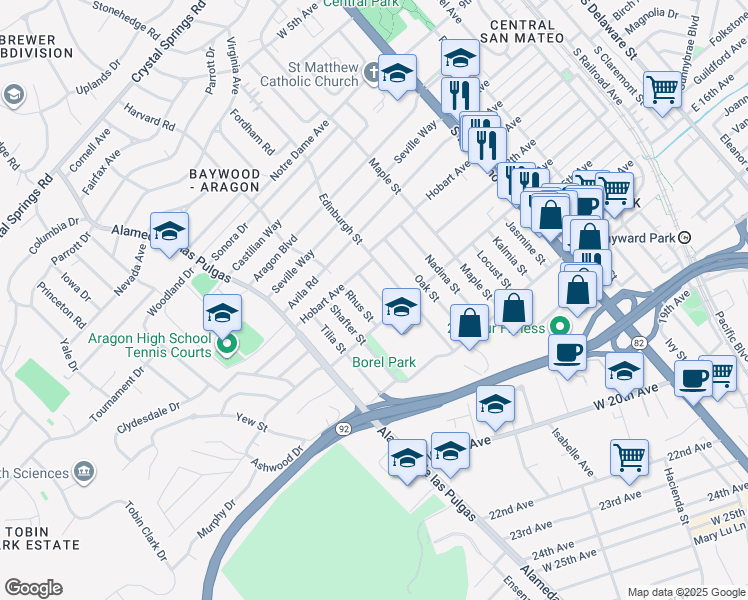 map of restaurants, bars, coffee shops, grocery stores, and more near 1238 Quince Street in San Mateo