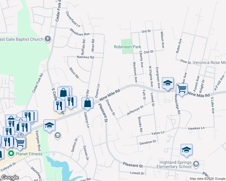 map of restaurants, bars, coffee shops, grocery stores, and more near 5500 Virginia 33 in Richmond