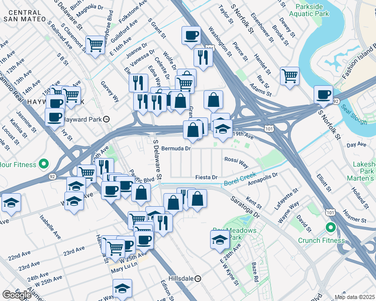 map of restaurants, bars, coffee shops, grocery stores, and more near 664 Bermuda Drive in San Mateo
