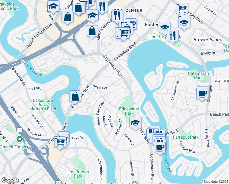 map of restaurants, bars, coffee shops, grocery stores, and more near 758 Neptune Lane in Foster City