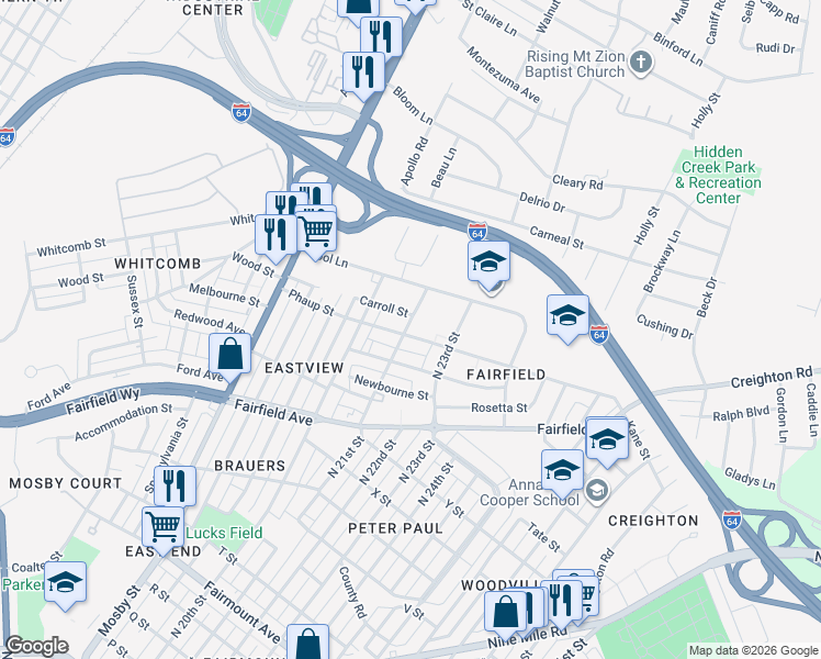 map of restaurants, bars, coffee shops, grocery stores, and more near 2101 Phaup Street in Richmond