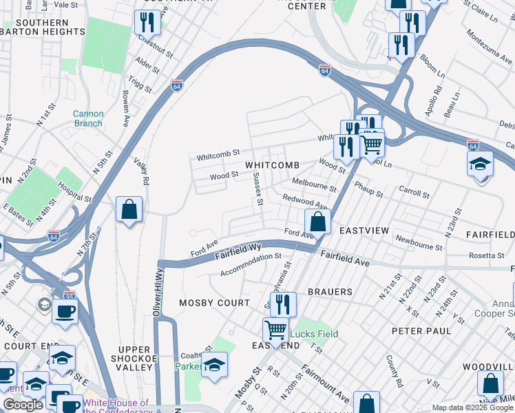 map of restaurants, bars, coffee shops, grocery stores, and more near 1802 Sussex Street in Richmond