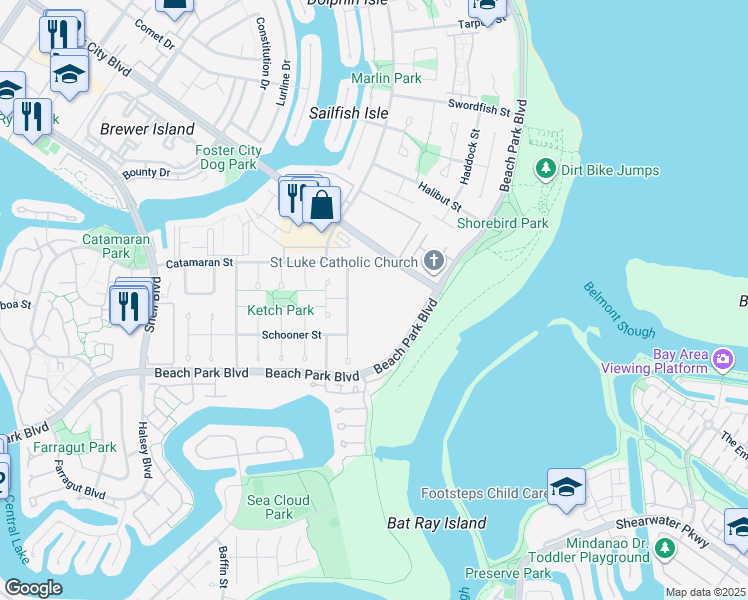 map of restaurants, bars, coffee shops, grocery stores, and more near 1131 Compass Lane in Foster City