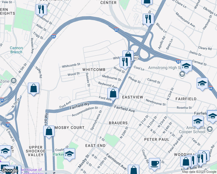 map of restaurants, bars, coffee shops, grocery stores, and more near 2513 Redwood Avenue in Richmond