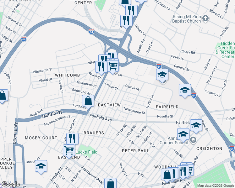 map of restaurants, bars, coffee shops, grocery stores, and more near 1801 North 19th Street in Richmond