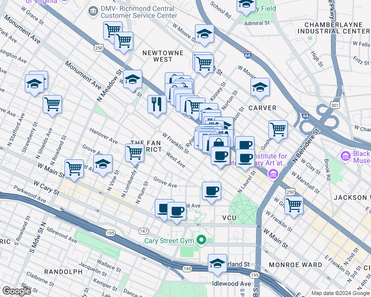 map of restaurants, bars, coffee shops, grocery stores, and more near 511 Ryland Street in Richmond