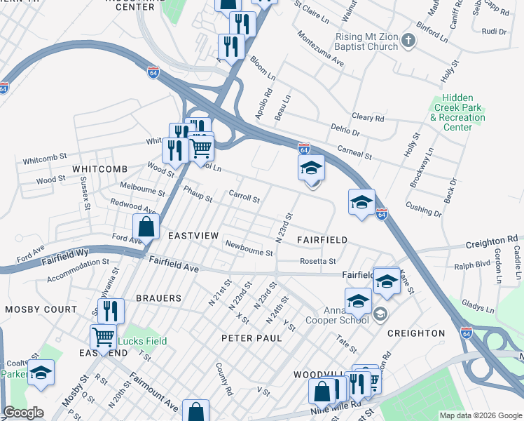 map of restaurants, bars, coffee shops, grocery stores, and more near 2101 Phaup Street in Richmond