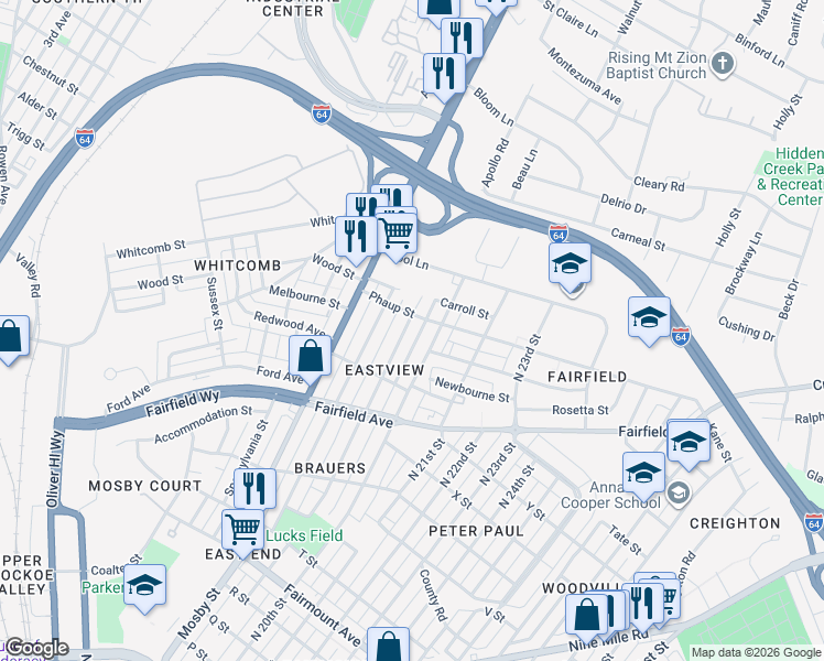 map of restaurants, bars, coffee shops, grocery stores, and more near 1801 North 19th Street in Richmond