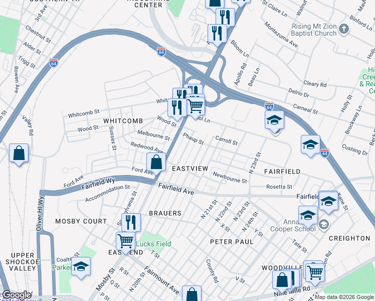 map of restaurants, bars, coffee shops, grocery stores, and more near 1714 Rogers Street in Richmond
