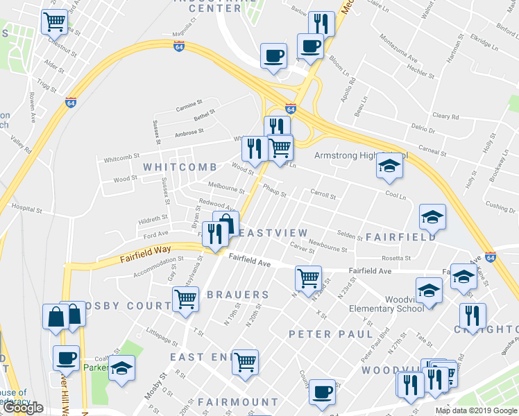 map of restaurants, bars, coffee shops, grocery stores, and more near 1714 Rogers Street in Richmond