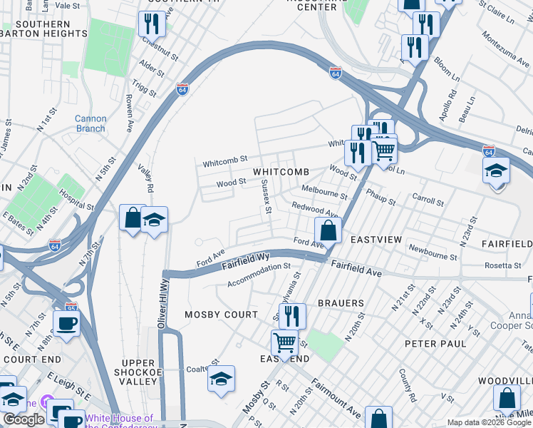 map of restaurants, bars, coffee shops, grocery stores, and more near 1802 Sussex Street in Richmond