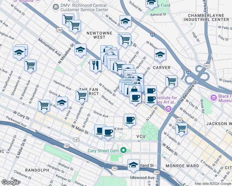 map of restaurants, bars, coffee shops, grocery stores, and more near 1121 West Franklin Street in Richmond