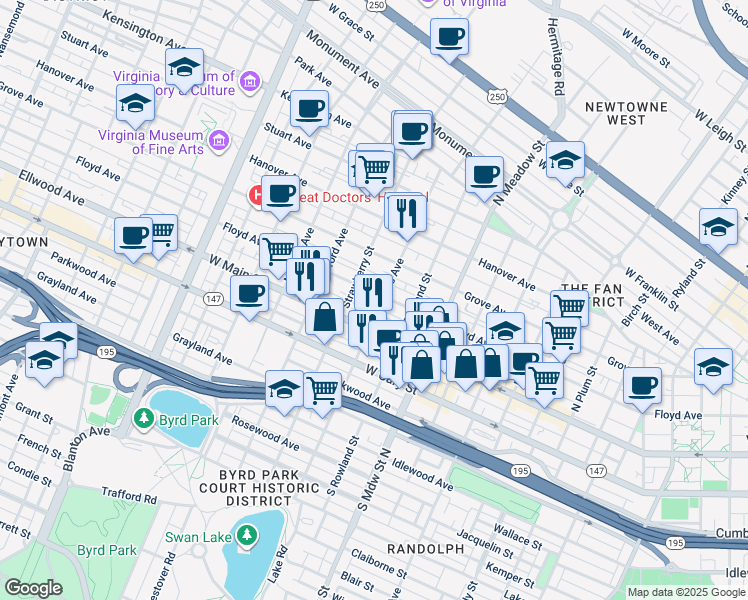 map of restaurants, bars, coffee shops, grocery stores, and more near in Richmond