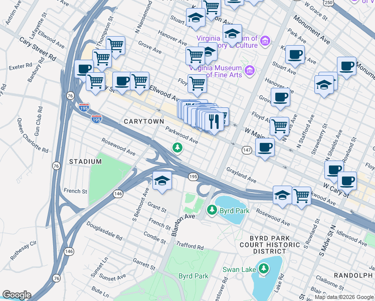 map of restaurants, bars, coffee shops, grocery stores, and more near 2928 Grayland Avenue in Richmond