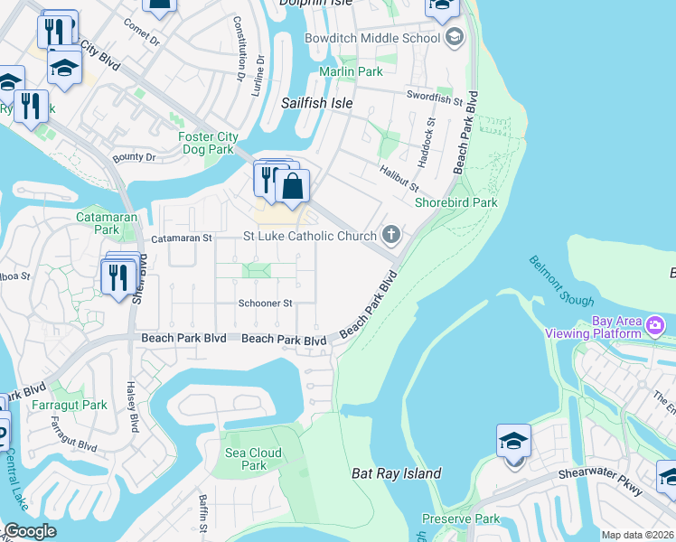 map of restaurants, bars, coffee shops, grocery stores, and more near 1131 Compass Lane in Foster City