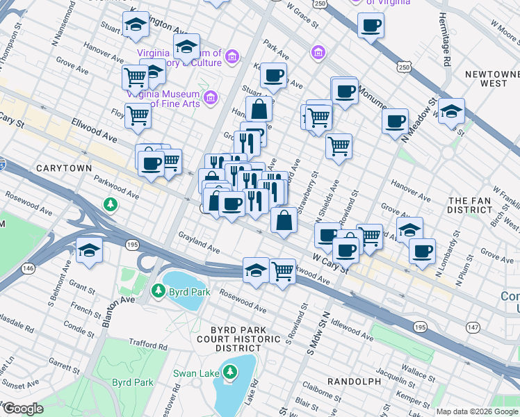 map of restaurants, bars, coffee shops, grocery stores, and more near 13 South Davis Avenue in Richmond
