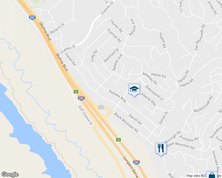 map of restaurants, bars, coffee shops, grocery stores, and more near 460 Barbara Way in Hillsborough