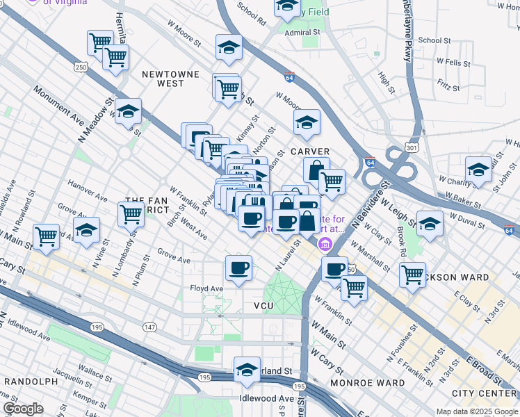 map of restaurants, bars, coffee shops, grocery stores, and more near 1111 West Broad Street in Richmond