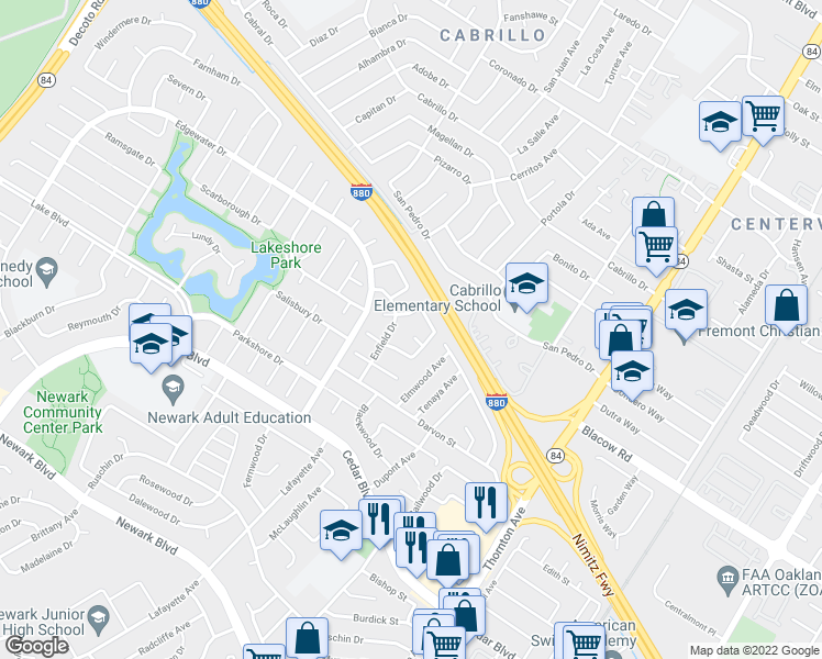 map of restaurants, bars, coffee shops, grocery stores, and more near 36388 Swift Court in Newark